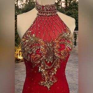Vintage Y2K Silk Beaded 90s Hollywood Glam Maxi Halter Dress